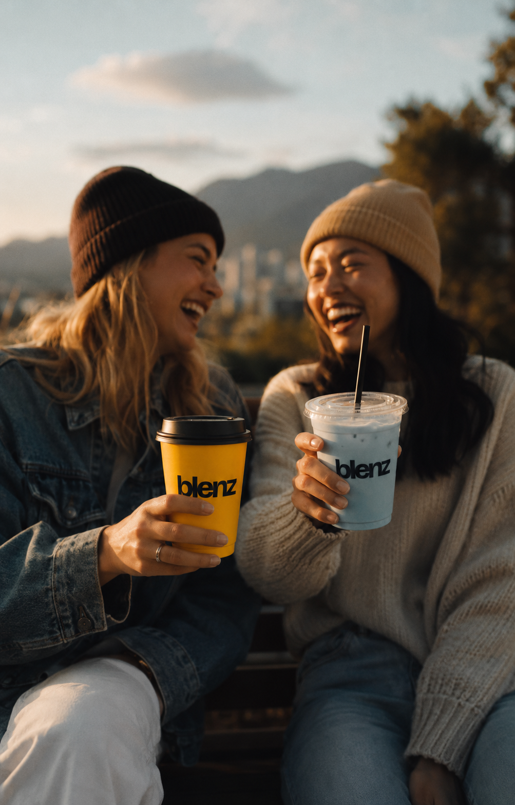 Three friends enjoying coffee on a bench